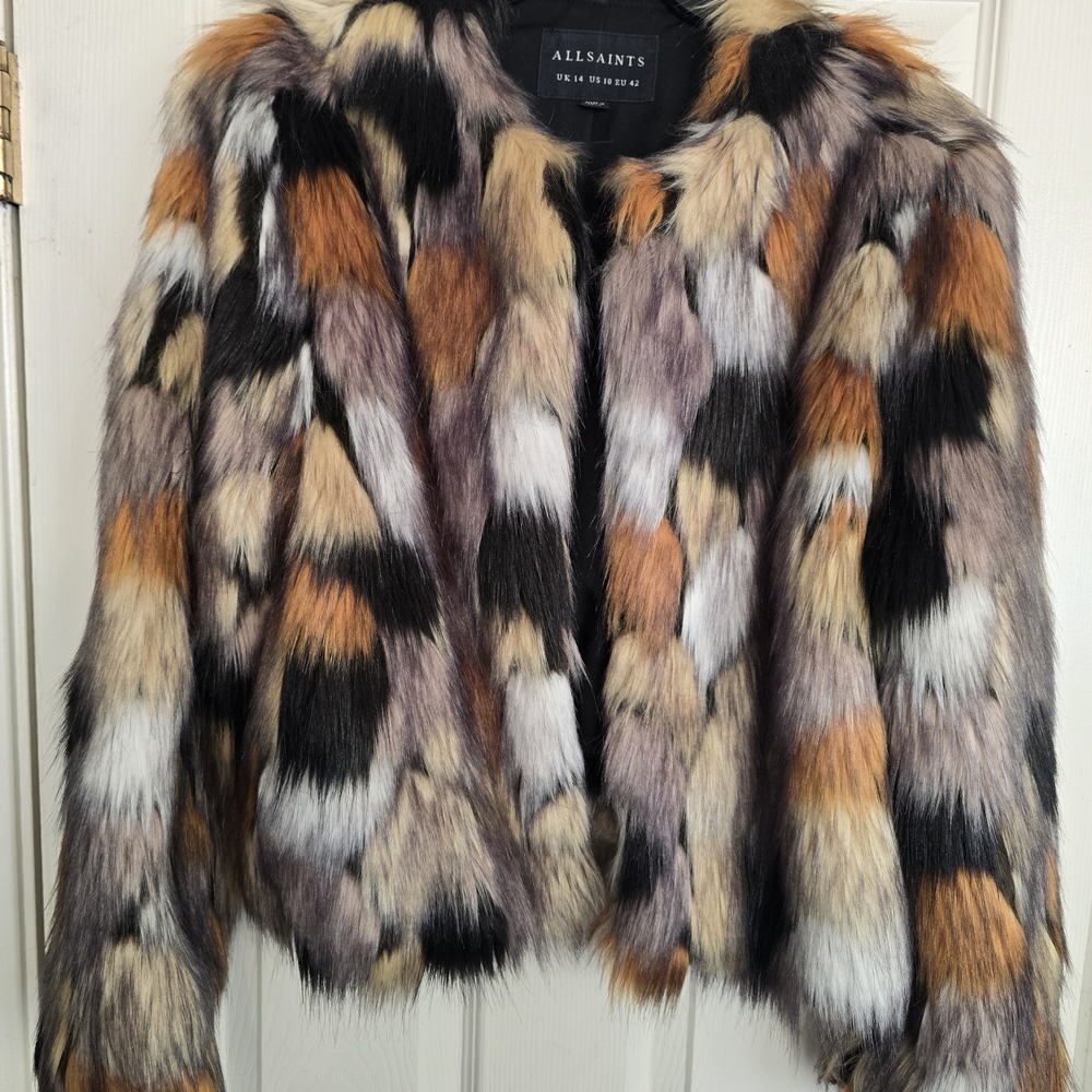 All Saints Black, Orange, and Cream Teddy Jacket